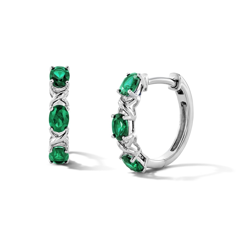 Main Image 1 of Oval Lab-Created Emerald Alternating Crossover Hoop Earrings in Sterling Silver