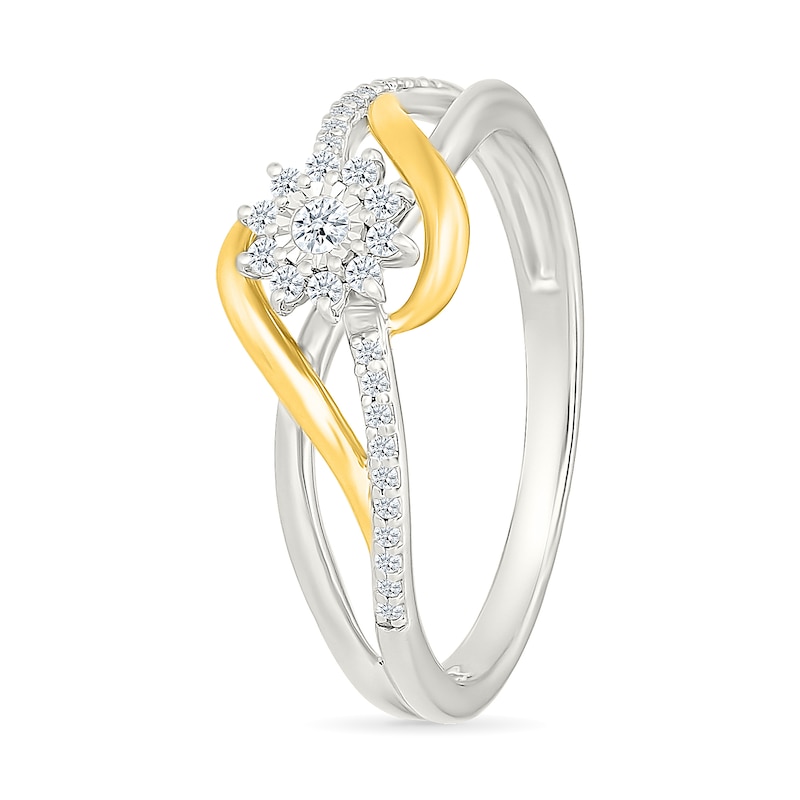 0.14 CT. T.W. Diamond Starburst Halo Swirl Promise Ring in Sterling Silver and 10K Gold Plate