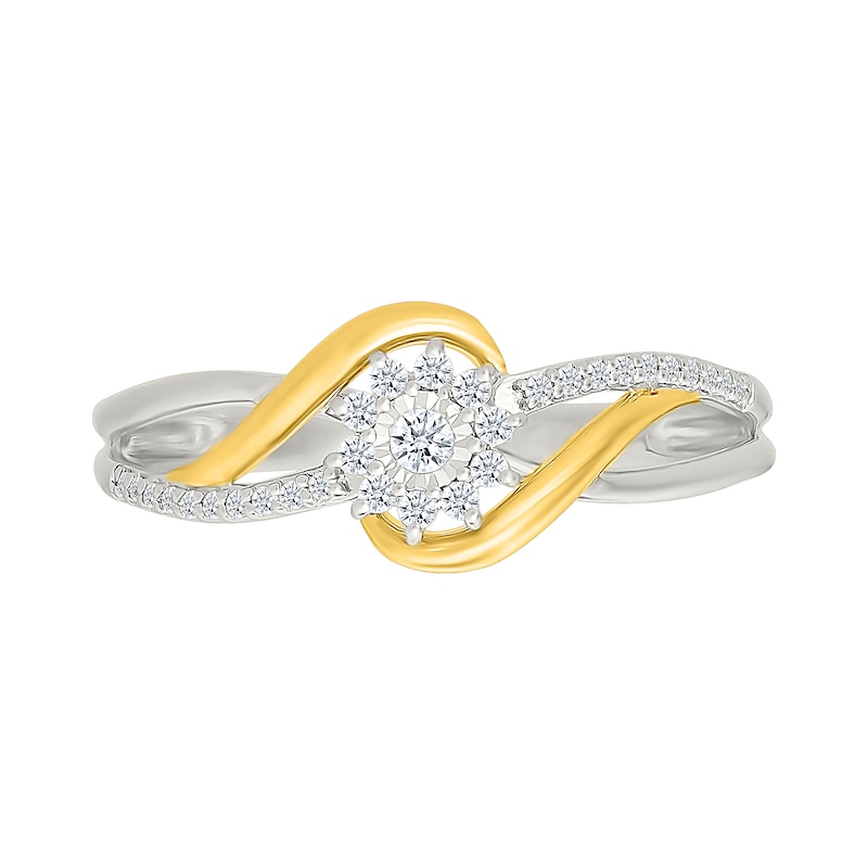0.14 CT. T.W. Diamond Starburst Halo Swirl Promise Ring in Sterling Silver and 10K Gold Plate