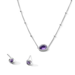 Amethyst and White Lab-Created Sapphire Necklace and Stud Earrings Set in Sterling Silver