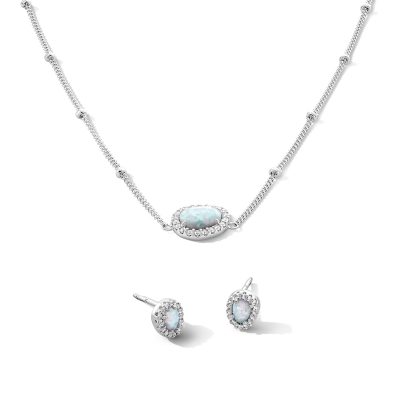 Main Image 1 of Lab-Created Opal and White Lab-Created Sapphire Necklace and Earrings Set in Sterling Silver