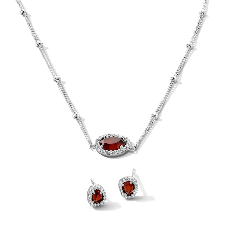 Main Image 1 of Garnet and White Lab-Created Sapphire Necklace and Earrings Set in Sterling Silver