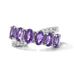 EFFY™ Collection Oval Amethyst and White Zircon Crossover Ring in Sterling Silver