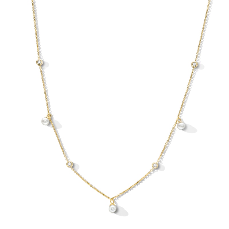 Main Image 1 of Cultured Pearl and 0.10 CT. T.W. Lab-Grown Diamond Station Necklace in Sterling Silver with 24K Gold Plate - 18"