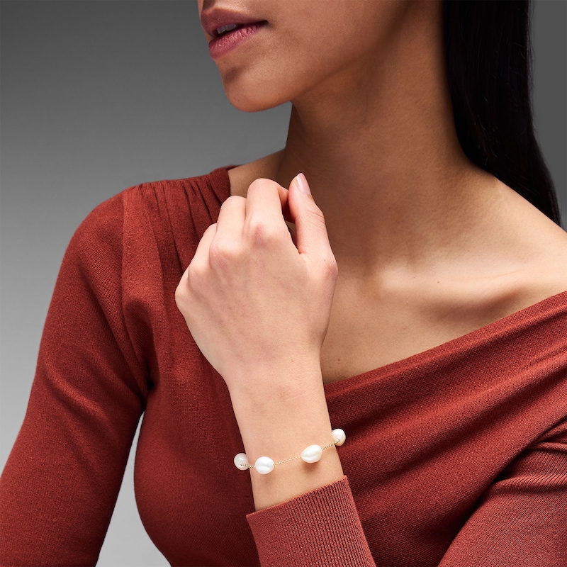 Baroque Cultured Pearl Station Bracelet in Sterling Silver with 24K Gold Plate - 7.5"