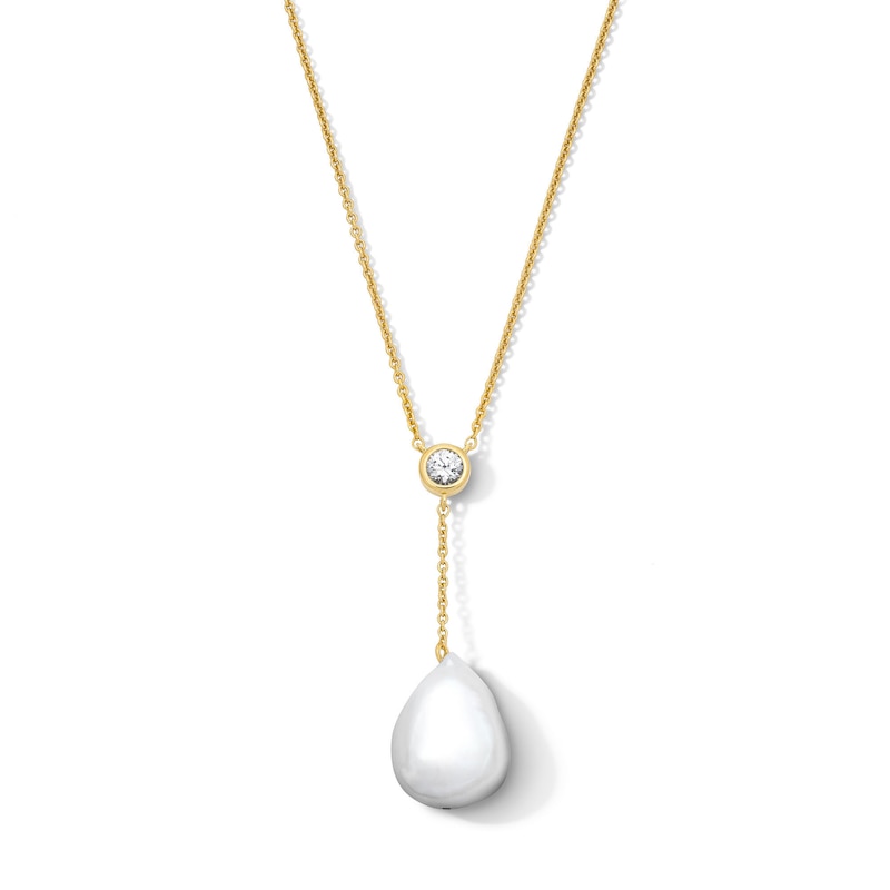 Main Image 1 of Baroque Cultured Pearl and White Lab-Created Sapphire Drop Necklace in Sterling Silver with 24K Gold Plate - 17"