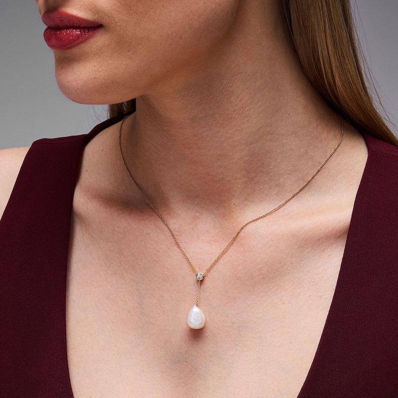 Main Image 2 of Baroque Cultured Pearl and White Lab-Created Sapphire Drop Necklace in Sterling Silver with 24K Gold Plate - 17"