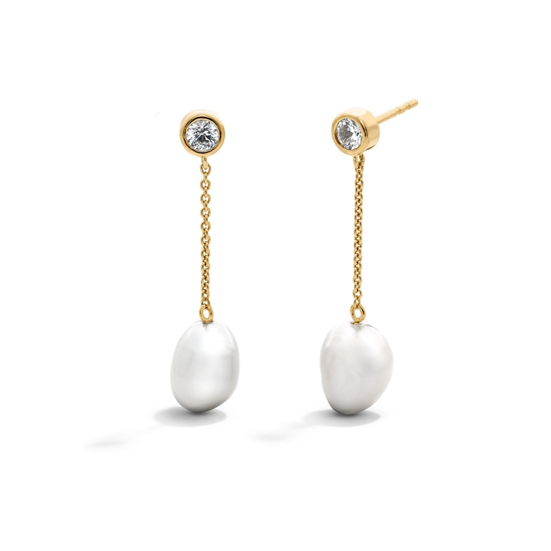 Baroque Cultured Pearl & White Lab-Created Sapphire Chain Drop Earrings in Sterling Silver with 24K Gold Plate