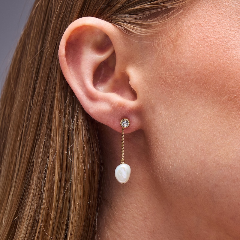 Baroque Cultured Pearl & White Lab-Created Sapphire Chain Drop Earrings in Sterling Silver with 24K Gold Plate