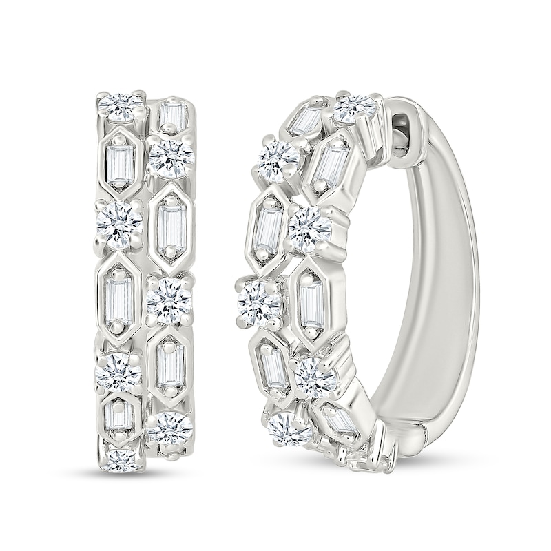 0.69 CT. T.W. Baguette and Round Certified Lab-Grown Diamond Two-Row Hoop Earrings in Sterling Silver (I/SI2)