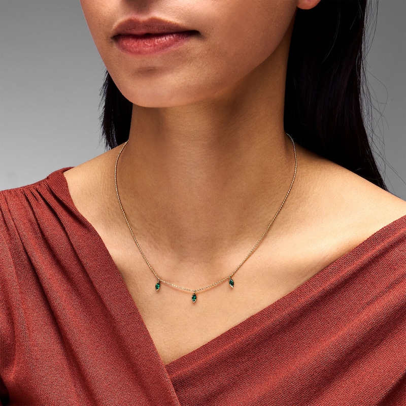Marquise-Cut Lab-Created Emerald Three-Stone Dangle Necklace in Sterling Silver with 24K Gold Plate - 18"