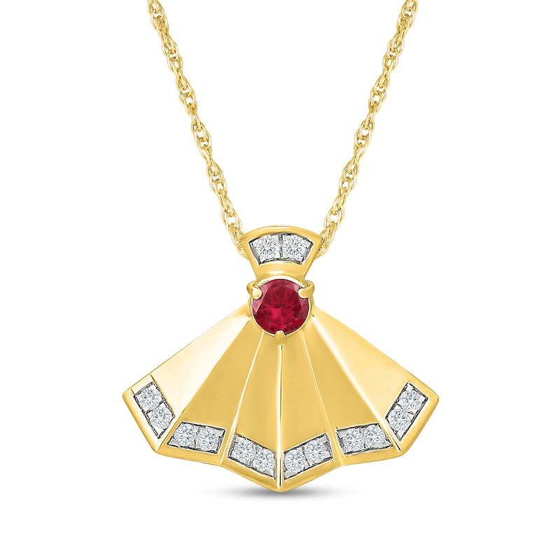 Certified Ruby and 0.10 CT. T.W. Lab-Grown Diamond Fan Pendant in Sterling Silver with 18K Gold Plate (F/VS2)