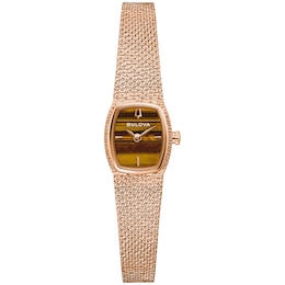 Ladies’ Bulova Classic Goddess of Time Rose-Tone IP Analog Watch with Brown Tiger’s Eye Dial (Model: 97L185)