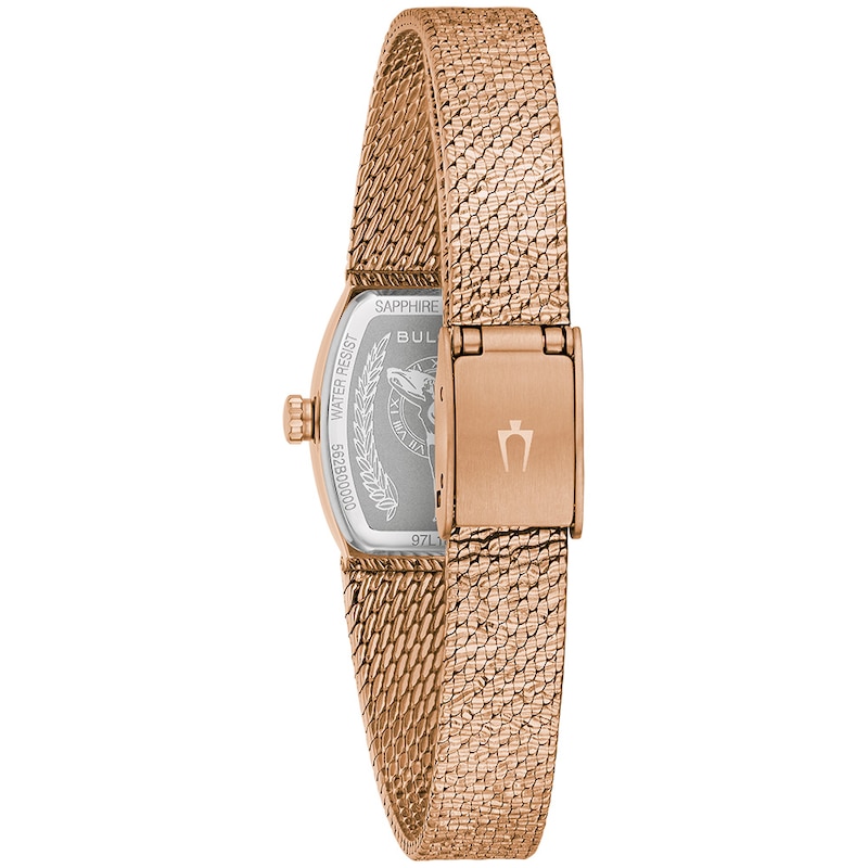Ladies' Bulova Classic Goddess of Time Rose-Tone IP Analog Watch with Brown Tiger's Eye Dial (Model: 97L185)