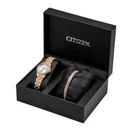 Citizen Ladies Crystal Eco-Drive Watch 28mm Pink Gold-Tone Stainless Steel Case and Bracelet with White Dial and matching bracelet (EW1847-60Y)