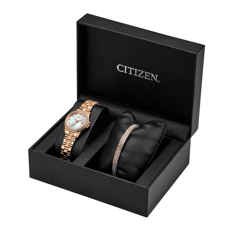 Citizen Ladies Crystal Eco-Drive Watch 28mm Pink Gold-Tone Stainless Steel Case and Bracelet with White Dial and matching bracelet (EW1847-60Y)