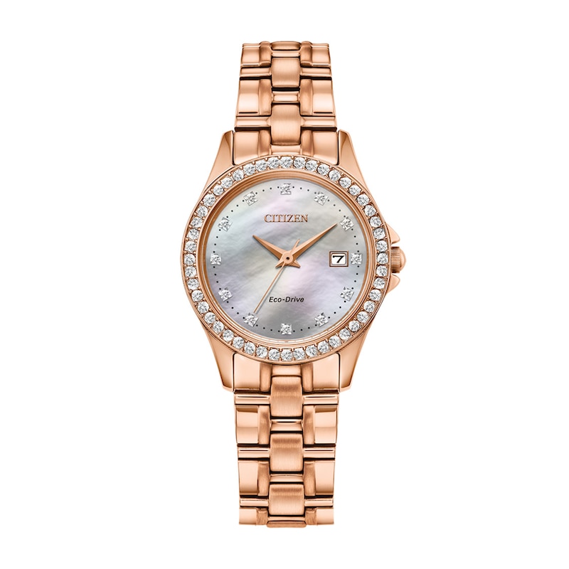 Citizen Ladies Crystal Eco-Drive Watch 28mm Pink Gold-Tone Stainless Steel Case and Bracelet with White Dial and matching bracelet (EW1847-60Y)
