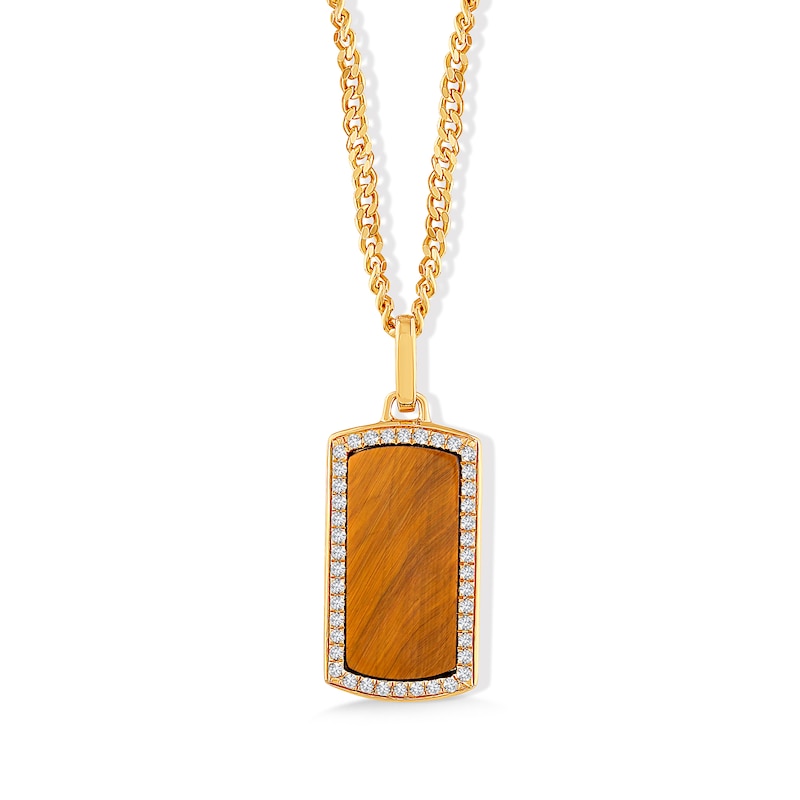 Main Image 1 of Tiger's Eye Quartz and 0.18 CT. T.W. Lab-Grown Diamond Tag Necklace in Sterling Silver with 14K Gold Plate (F/VS2) - 22"
