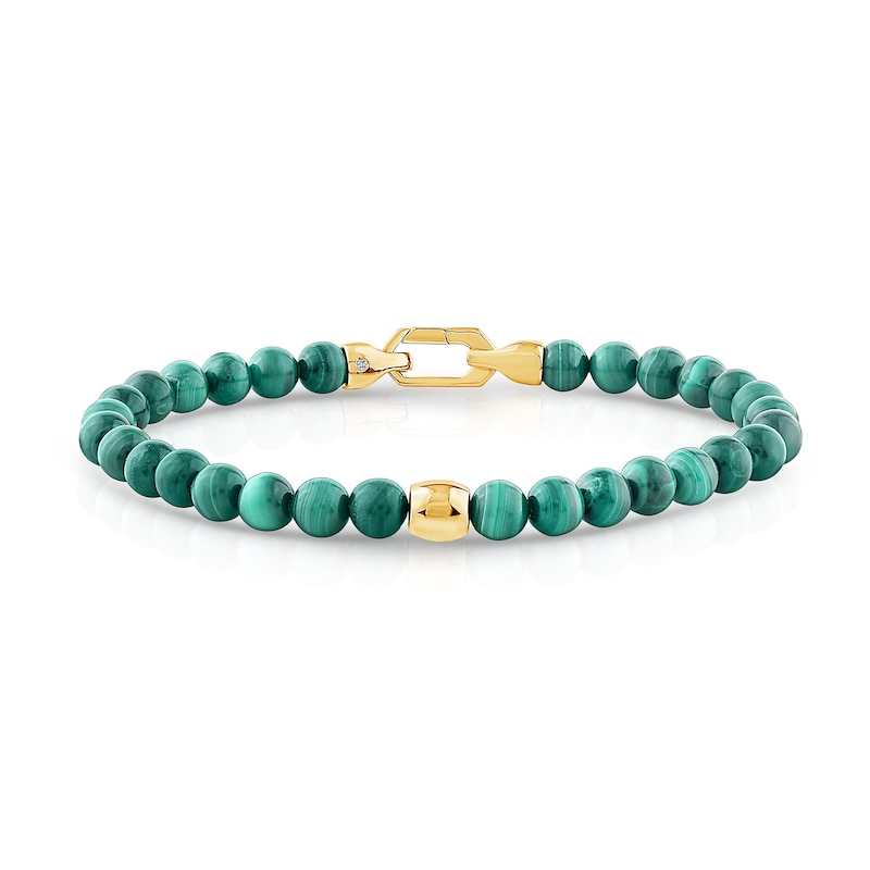 Main Image 1 of 6.0mm Malachite Bead and Lab-Grown Diamond Accent Bracelet in Sterling Silver with 14K Gold Plate (F/VS2) - 8.25"