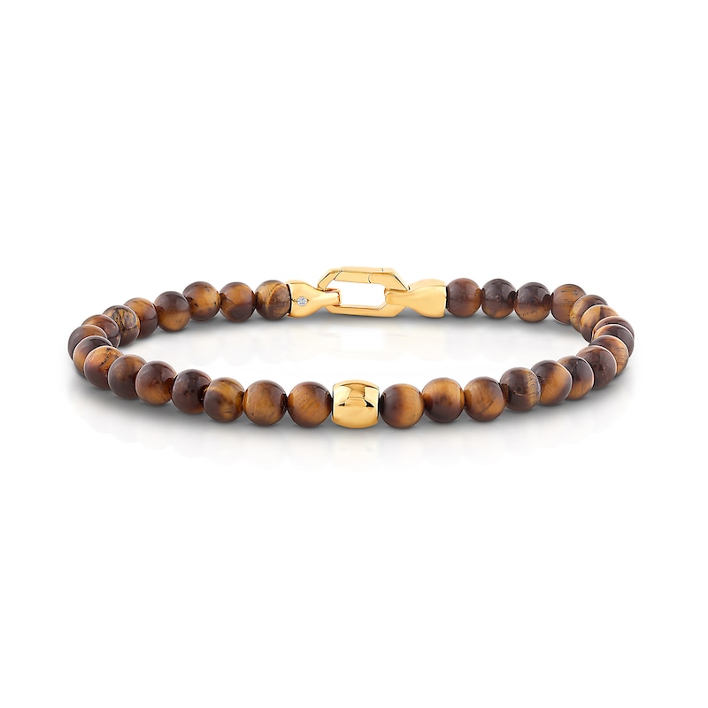 Main Image 1 of 6.0mm Tiger's Eye Quartz Bead and Lab-Grown Diamond Accent Bracelet in Sterling Silver with 14K Gold Plate - 8.25"