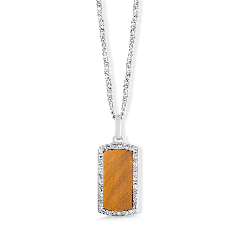 Cushion-Shaped Tiger's Eye Quartz and 0.18 CT. T.W. Lab-Grown Diamond Dog Tag Necklace in Sterling Silver (F/VS2) - 22"