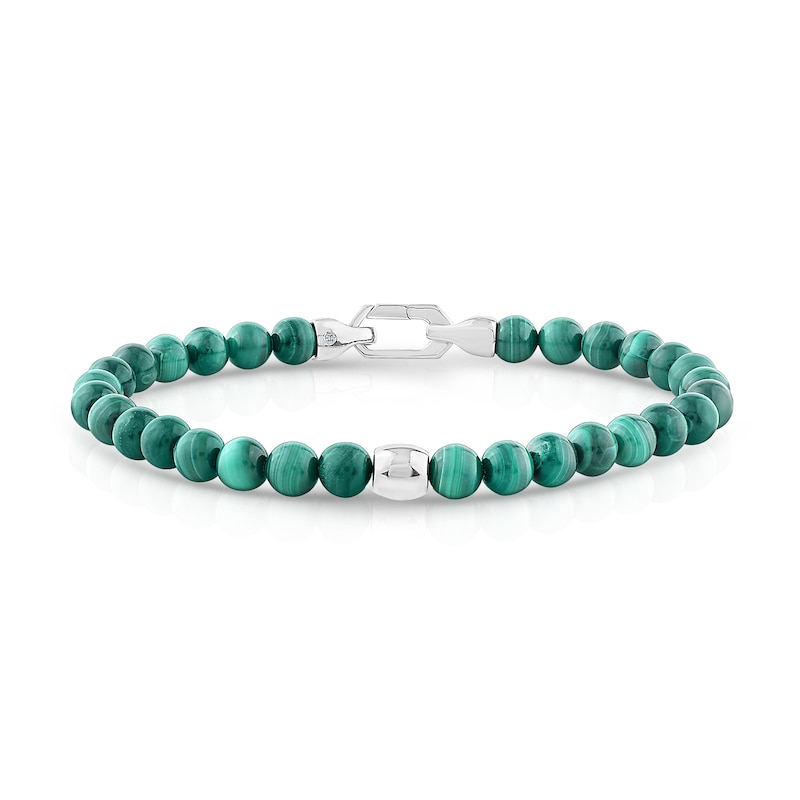 6.0mm Malachite Bead and Lab-Grown Diamond Accent Bracelet in Sterling Silver - 8.25"