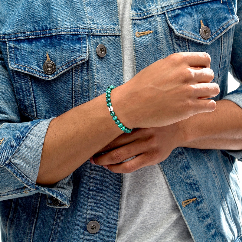 6.0mm Malachite Bead and Lab-Grown Diamond Accent Bracelet in Sterling Silver - 8.25"