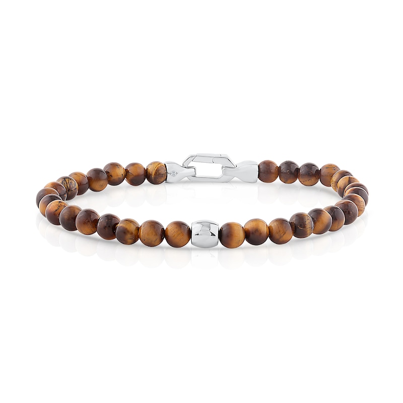 6.0mm Tiger's Eye Quartz Bead and Lab-Grown Diamond Accent Bracelet in Sterling Silver (F/VS2) - 8.25"
