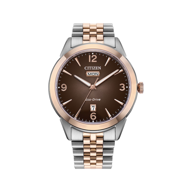 Men's Citizen Eco-Drive® Dress Classic Rolan Two-Tone IP Watch with Brown Dial (Model: AW0156-57X)