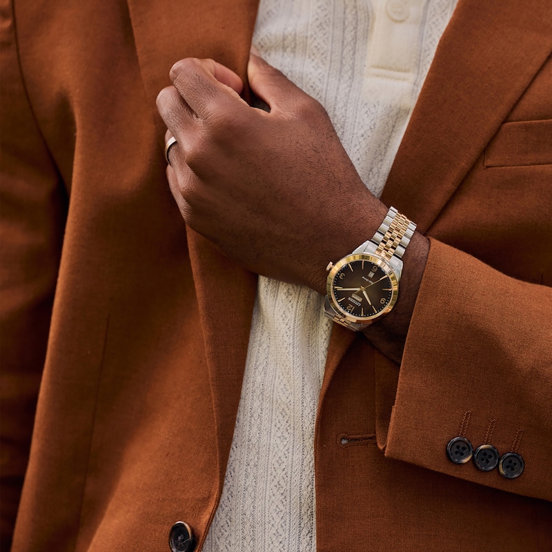 Men's Citizen Eco-Drive® Dress Classic Rolan Two-Tone IP Watch with Brown Dial (Model: AW0156-57X)