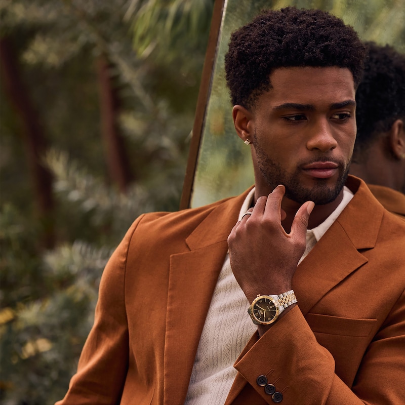 Men's Citizen Eco-Drive® Dress Classic Rolan Two-Tone IP Watch with Brown Dial (Model: AW0156-57X)