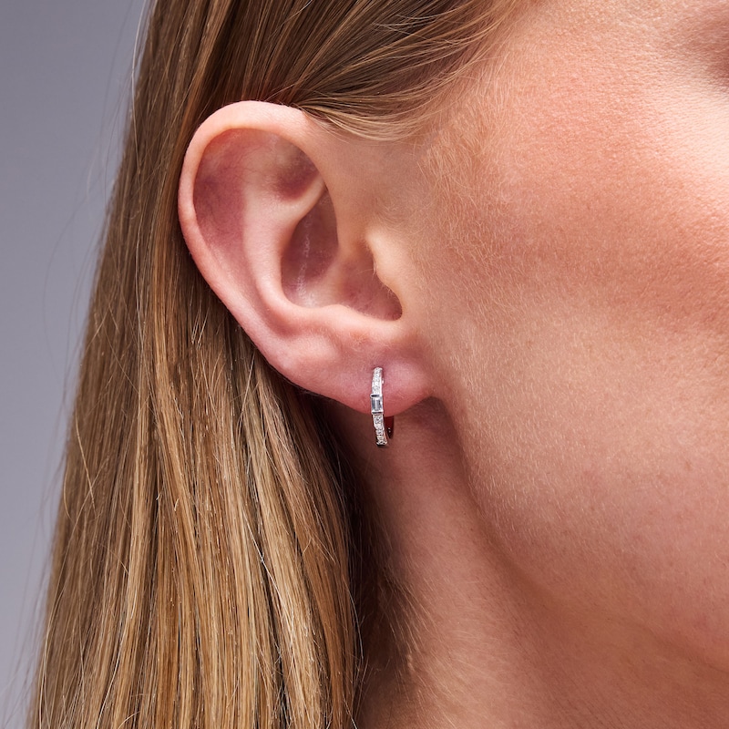 0.15 CT. T.W. Baguette and Round Certified Lab-Grown Diamond Pavé Hoop Earrings in Sterling Silver (F/VS2)