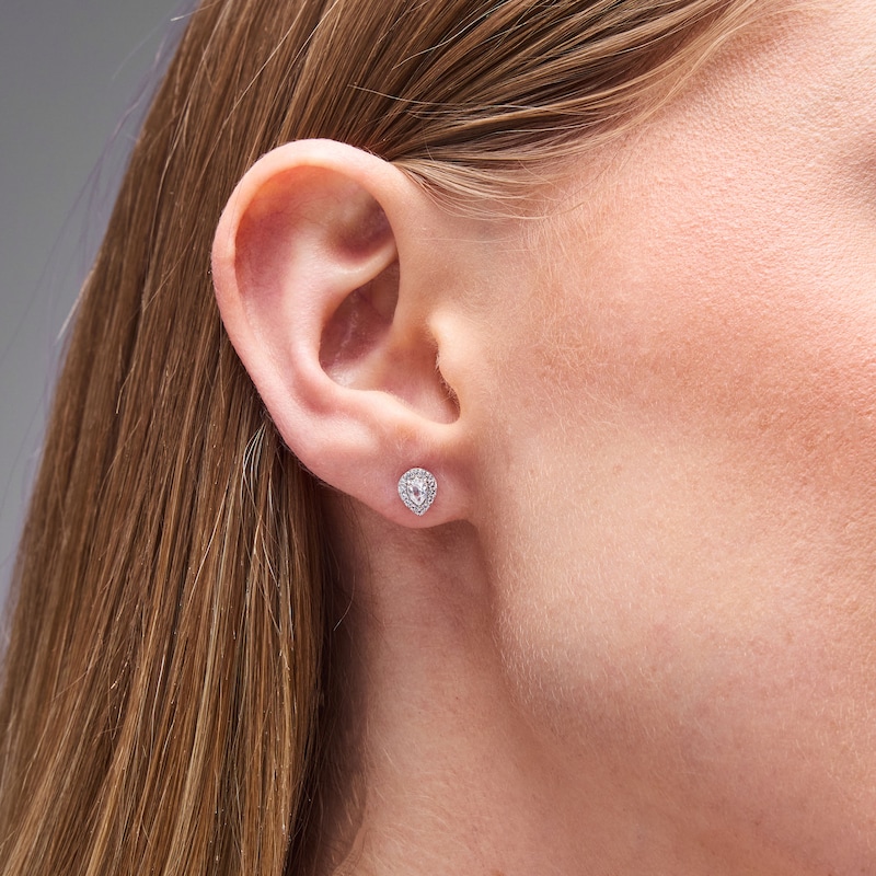 Pear-Shaped White Lab-Created Sapphire Halo Stud Earrings in Sterling Silver - 18"