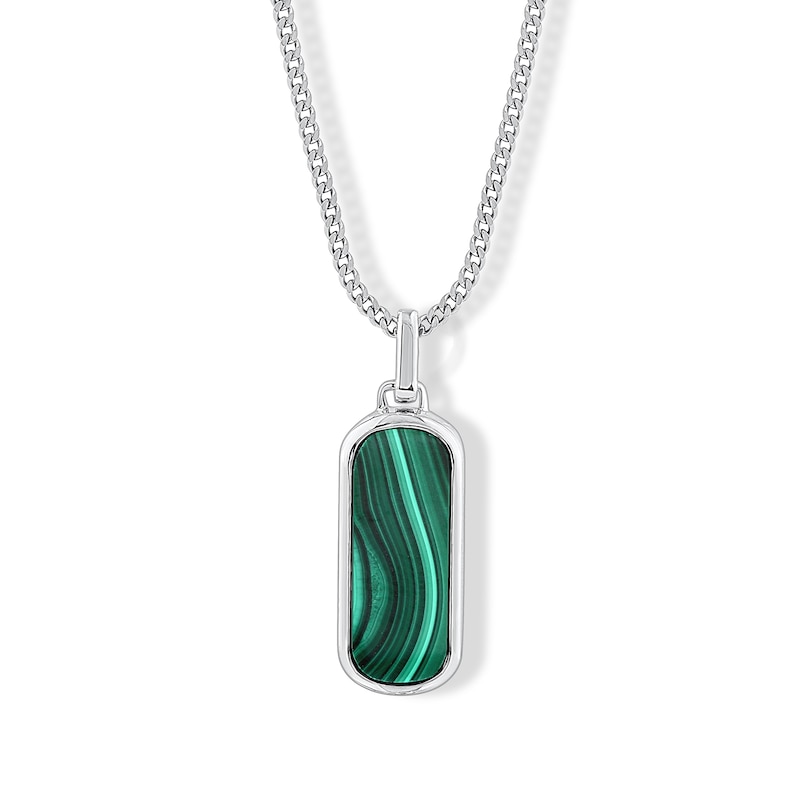 Main Image 1 of Malachite and Lab-Grown Diamond Accent Tag Necklace in Sterling Silver (F/VS2) - 22"