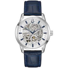 Men’s Bulova Dress Classic Sutton Automatic Watch with Silver-Tone Dial and Blue Leather Strap (Model: 96A330)