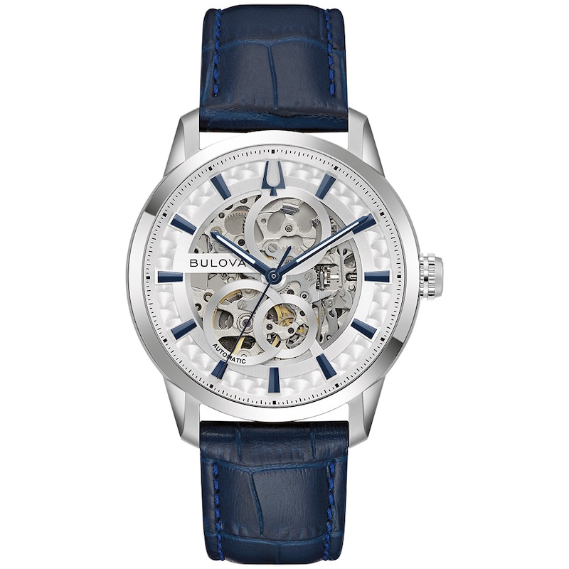Men's Bulova Dress Classic Sutton Automatic Watch with Silver-Tone Dial and Blue Leather Strap (Model: 96A330)