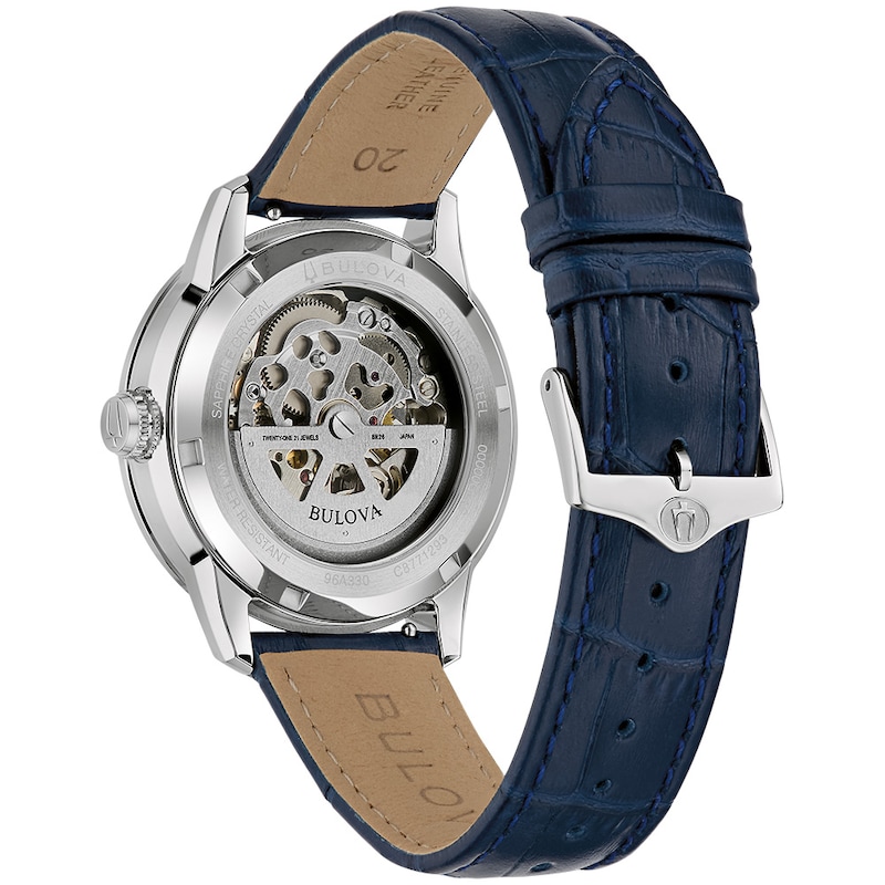 Men's Bulova Dress Classic Sutton Automatic Watch with Silver-Tone Dial and Blue Leather Strap (Model: 96A330)