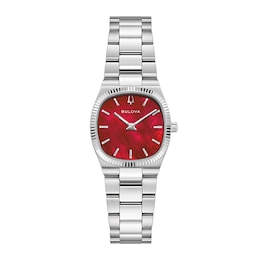 Bulova Ladies Super Seville Mini Quartz Watch 25mm Silver-Tone Stainless Steel Case and Bracelet with Red Dial (96L354)