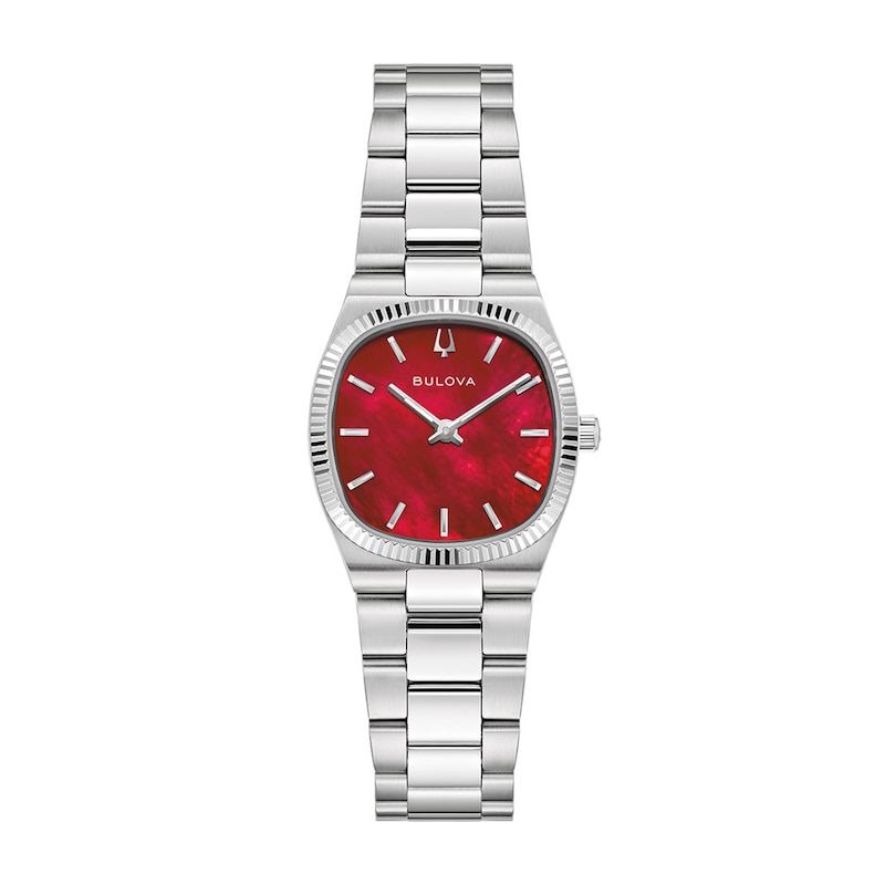 Bulova Ladies Super Seville Mini Quartz Watch 25mm Silver-Tone Stainless Steel Case and Bracelet with Red Dial (96L354)