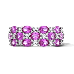 Oval Pink Lab-Created Sapphire and White Lab-Created Sapphire Three-Row Ring in Sterling Silver