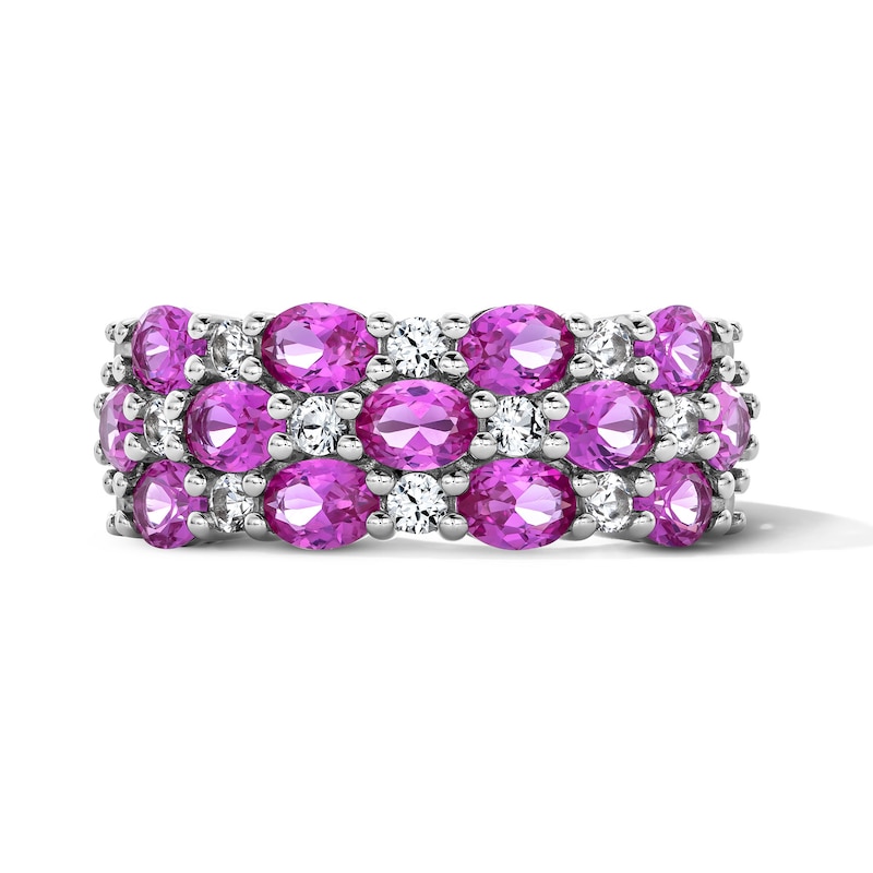 Oval Pink Lab-Created Sapphire and White Lab-Created Sapphire Three-Row Ring in Sterling Silver
