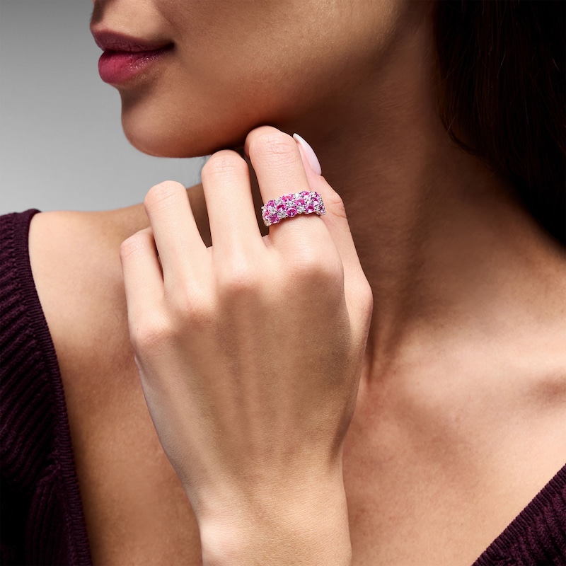 Oval Pink Lab-Created Sapphire and White Lab-Created Sapphire Three-Row Ring in Sterling Silver