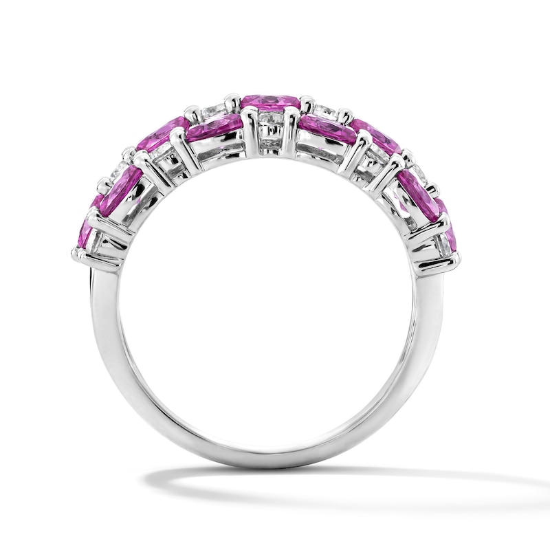 Oval Pink Lab-Created Sapphire and White Lab-Created Sapphire Three-Row Ring in Sterling Silver