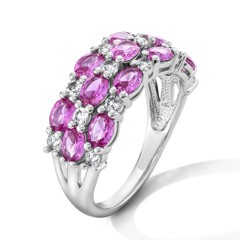 Oval Pink Lab-Created Sapphire and White Lab-Created Sapphire Three-Row Ring in Sterling Silver