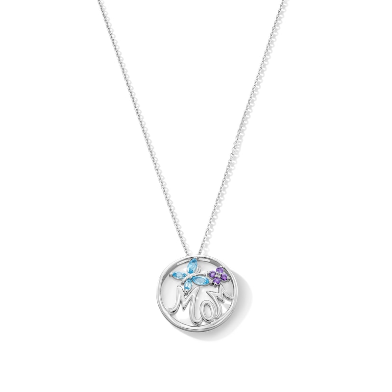 Swiss Blue Topaz, Amethyst and White Lab-Created Sapphire "Mom" Butterfly Circle Necklace in Sterling Silver - 18"
