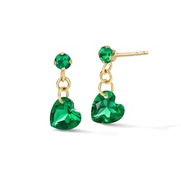 Heart-Shaped Lab-Created Emerald Chain Drop Earrings in 10K Gold