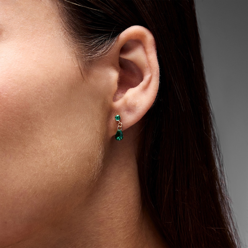Heart-Shaped Lab-Created Emerald Chain Drop Earrings in 10K Gold