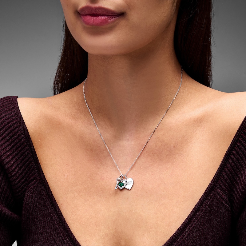 Heart-Shaped Lab-Created Emerald & White Lab-Created Sapphire "MOM" Charm Necklace in Sterling Silver - 18"