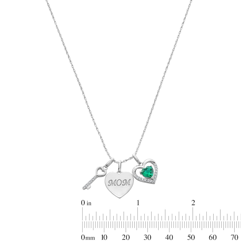 Heart-Shaped Lab-Created Emerald & White Lab-Created Sapphire "MOM" Charm Necklace in Sterling Silver - 18"