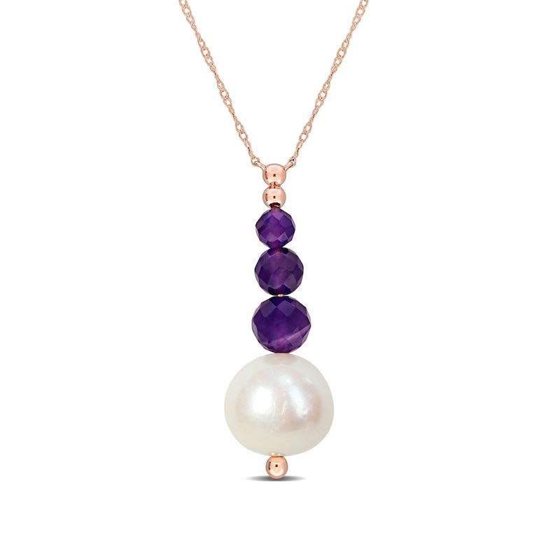 Amethyst and Cultured Pearl Drop Necklace in 10K Rose Gold - 17"
